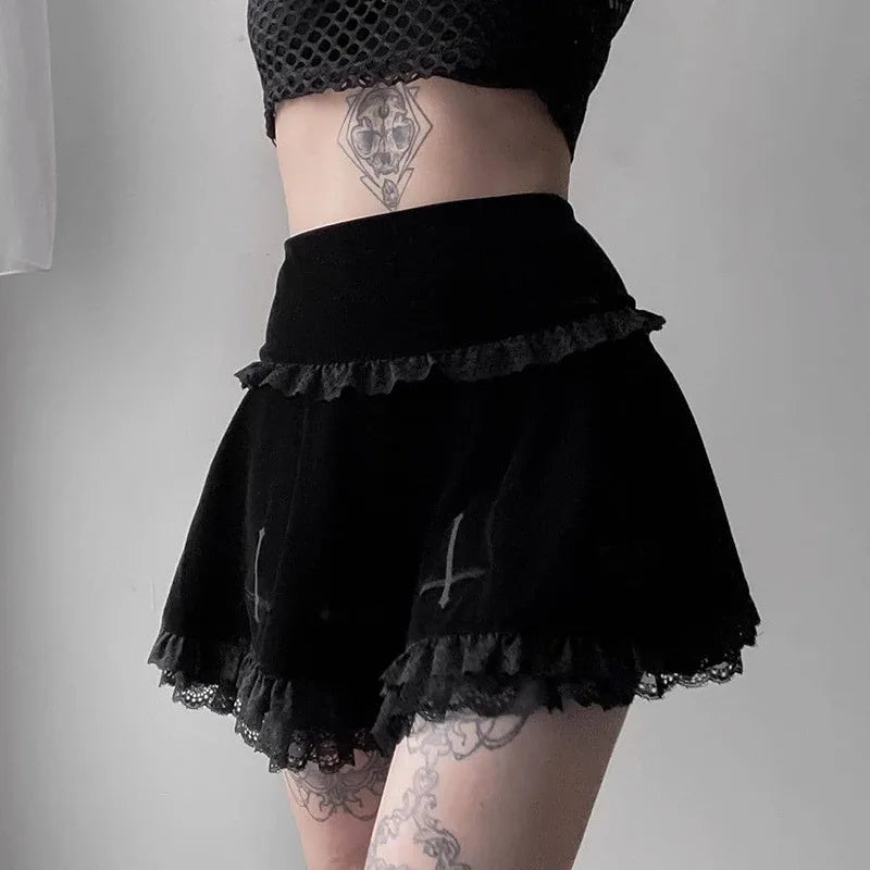 Fashion Summer Embroidery Black Gothic Casual Stylish Lace Trim Skirt Main image