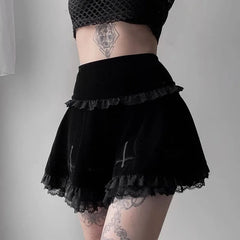 Fashion Summer Embroidery Black Gothic Casual Stylish Lace Trim Skirt