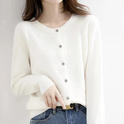 Single Breasted Chic Fashion Solid Long Sleeve Round Neck Autumn Winter Casual Cardigan