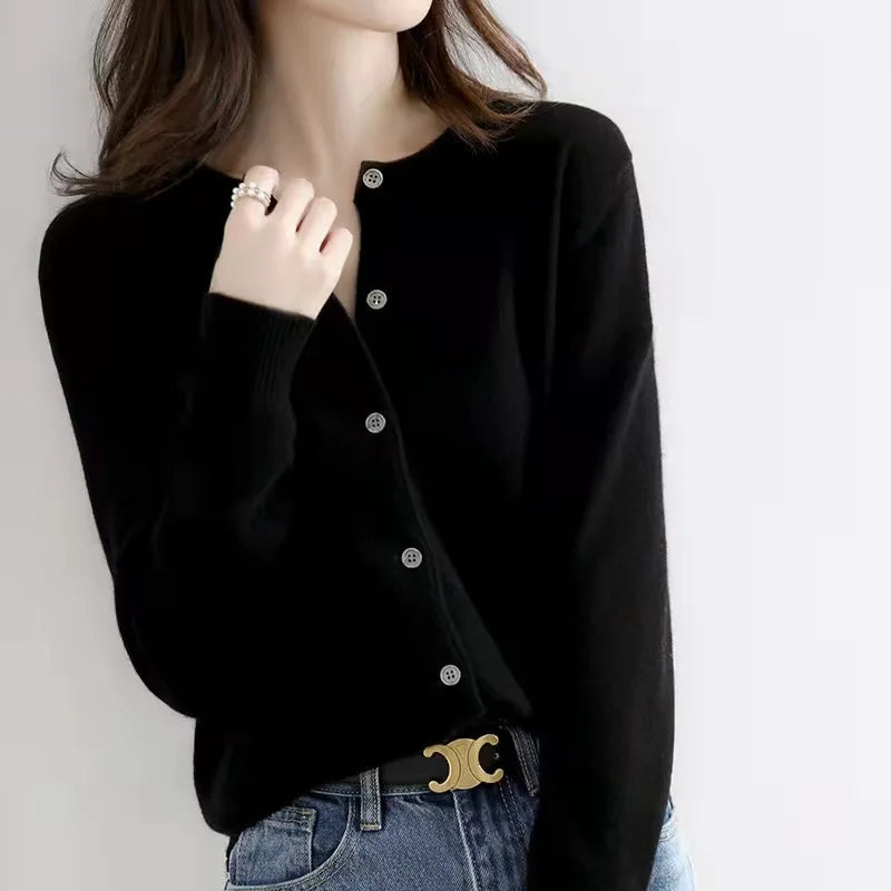 Single Breasted Chic Fashion Solid Long Sleeve Round Neck Autumn Winter Casual Cardigan Secondary image