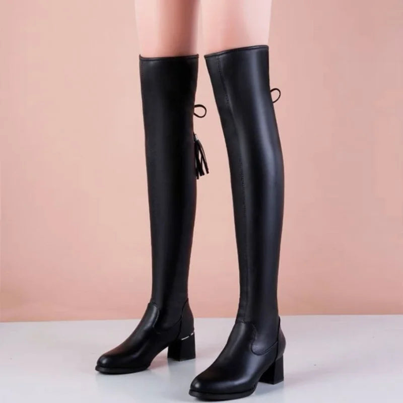 Women Soft Leather Elastic Short Plush Thick Heels Slip On Knight Knee High Boots Main image