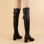 Women Soft Leather Elastic Short Plush Thick Heels Slip On Knight Knee High Boots
