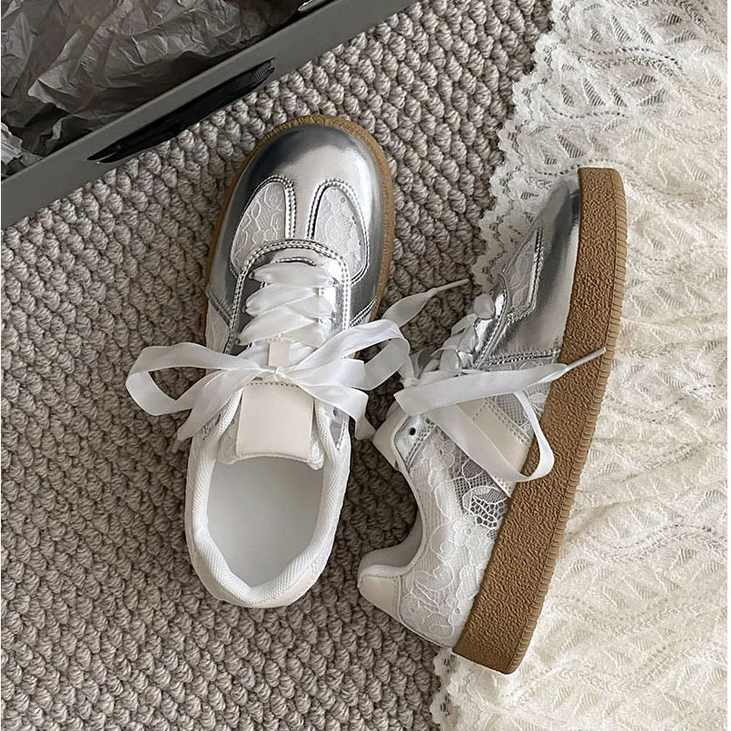 Women Soft Leather + Lace Mesh Walking Shoes Breathable Casual Sneaker New Lace Up Non-slip Flat Sports Jogging Running Trainers Main image