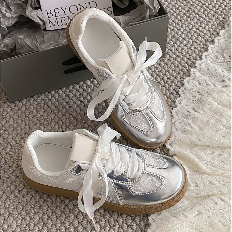 Women Soft Leather + Lace Mesh Walking Shoes Breathable Casual Sneaker New Lace Up Non-slip Flat Sports Jogging Running Trainers Secondary image