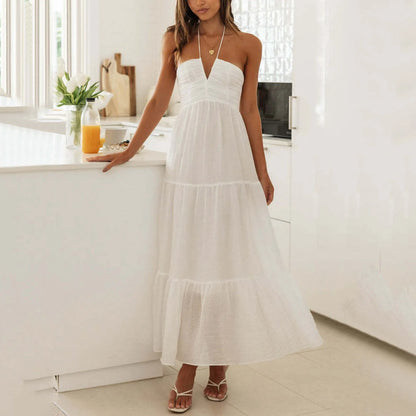 Stylish Solid Color Halter Spaghetti Strap V Neck Long Chic Sleeveless Backless A-Line Dress