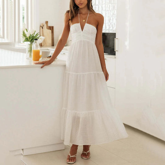Stylish Solid Color Halter Spaghetti Strap V Neck Long Chic Sleeveless Backless A-Line Dress