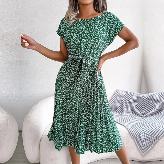 Women Spring Short Waist Chic Floral Pleated A Line Long Midi Dresses