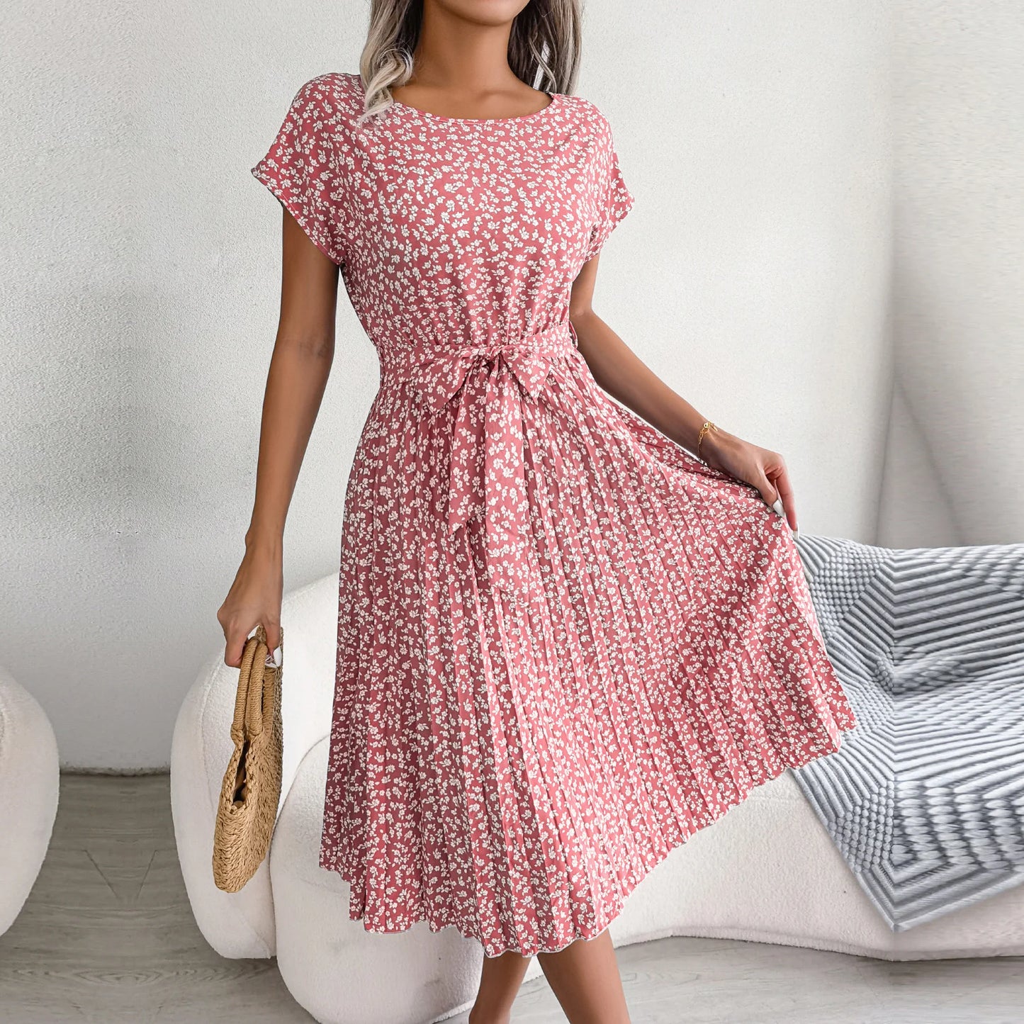Women Spring Short Waist Chic Floral Pleated A Line Long Midi Dresses