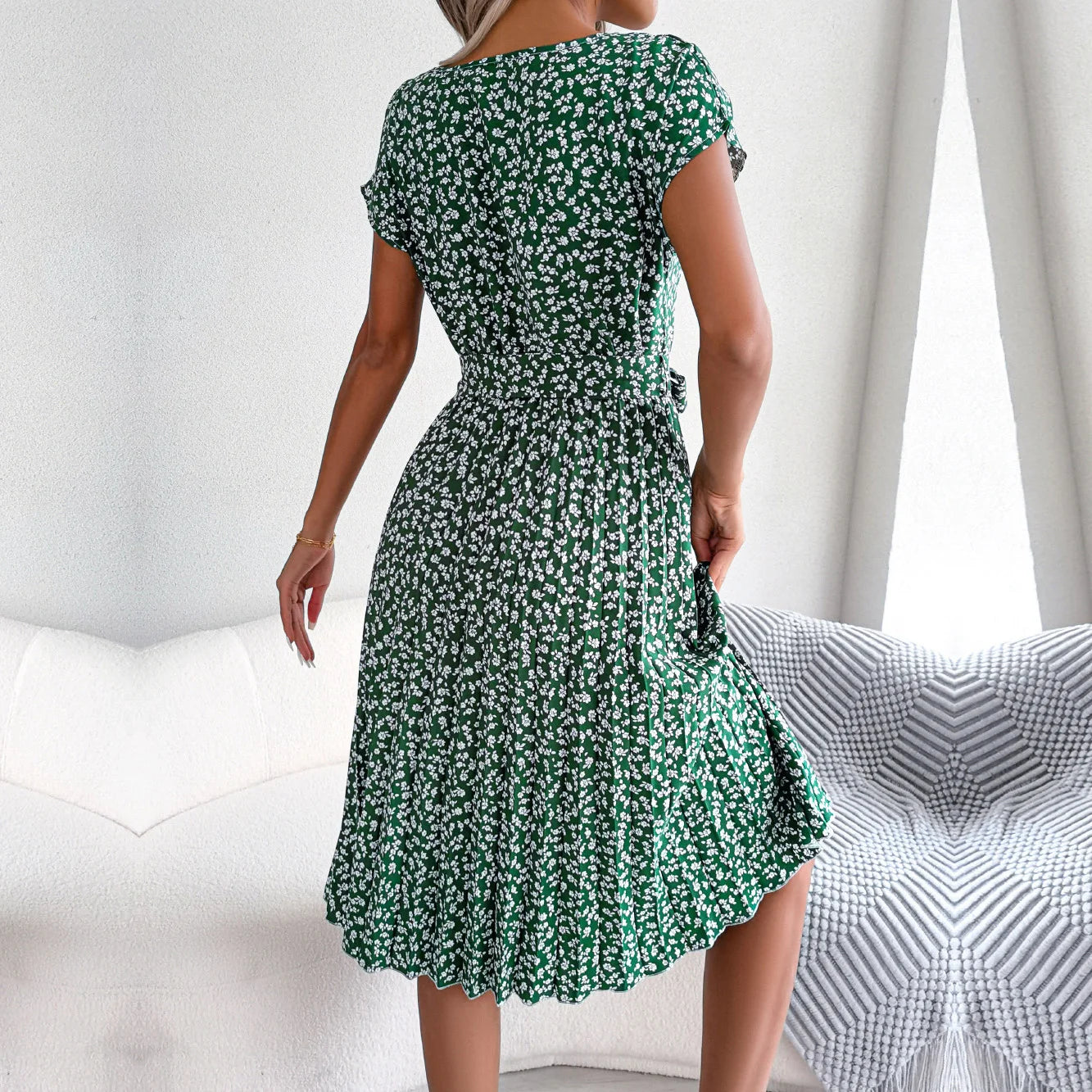 Women Spring Short Waist Chic Floral Pleated A Line Long Midi Dresses