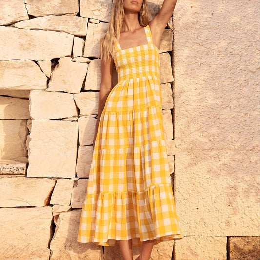 Fashionable Loose Strappy Plaid Vacation Beach Party Sleeveless Casual Tiered Midi Dress