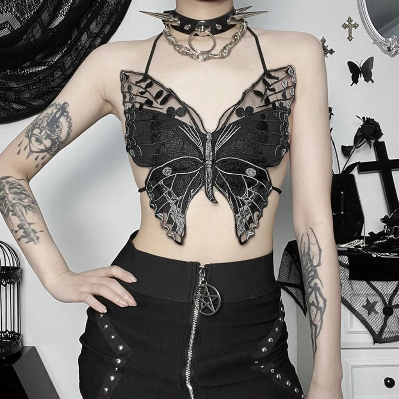 Gothic Butterfly-Shape  Black Halter Strappy Backless Crop Top