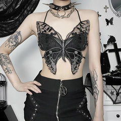 Gothic Butterfly-Shape  Black Halter Strappy Backless Crop Top