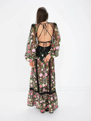 DressBetty - 2024 Women Backless See-through V-Neck Long Sleeve Floral Dress