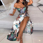 DressBetty - Summer Floral Print Elegant  Off Shoulder Split Long Maxi Skirt
