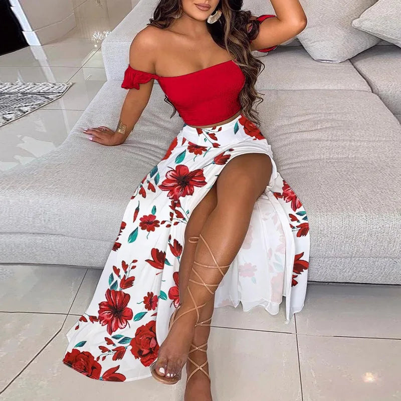 DressBetty - Summer Floral Print Elegant Sexy Off Shoulder Split Long Maxi Skirt