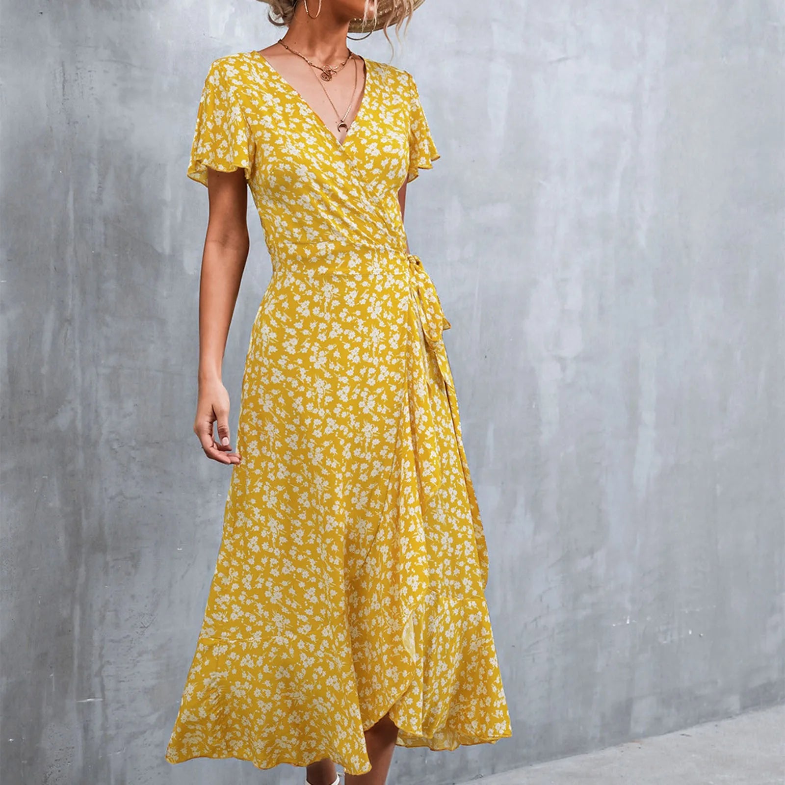 Summer V Neck Ruffle Short Sleeve Split Wrap Maxi Tie Waist Casual Flowy Long Party Smocked For Women Dress Main image