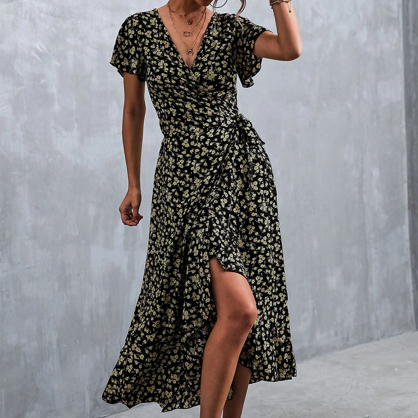 Chic Summer V Neck Short Sleeve Split Wrap Floral Maxi Waist Tie Casual Flowy Long Boho Beach Femme Robe Dress