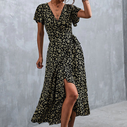 Chic Summer V Neck Short Sleeve Split Wrap Floral Maxi Waist Tie Casual Flowy Long Boho Beach Femme Robe Dress