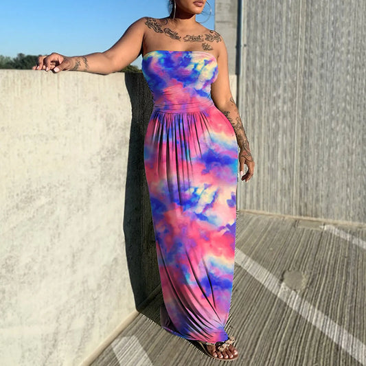 Tie Dye Print Sleeveless Strapless Long Flare Loose Floor Length Casual Sexy Outfit Beach Dress