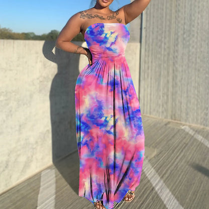 Tie Dye Print Sleeveless Strapless Long Flare Loose Floor Length Casual Sexy Outfit Beach Dress