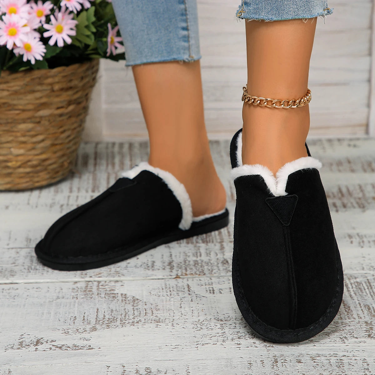 Women Warm Fur Cotton Slippers Flats Shoe Suede Winter Short Plush Luxury Fashion Casual Non-Slip Snow Boots Mujer Zapatos Mules