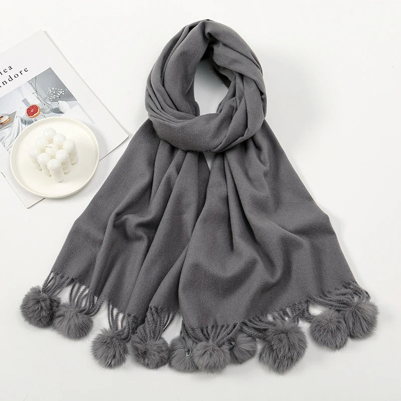 Rabbit Fur Ball Cashmere Pompom Oversize Blanket Scarf for Women