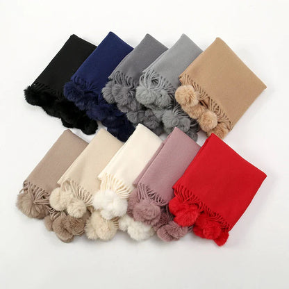 Rabbit Fur Ball Cashmere Pompom Oversize Blanket Scarf for Women