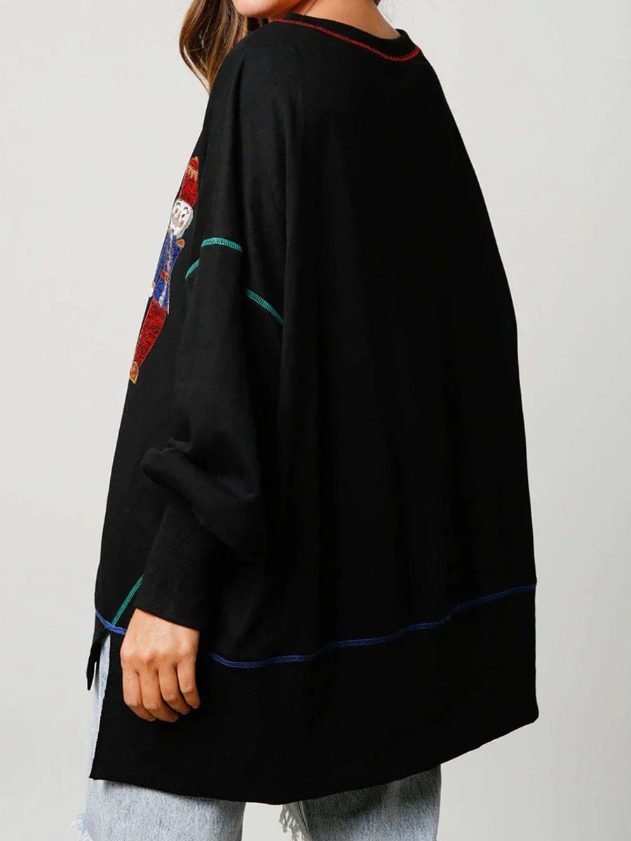 Y2K Nutcracker Graphic Sequin Long Sleeve Crewneck Pullover Christmas Hoodie Hoodies-L