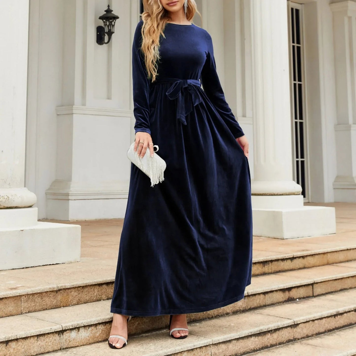 Green Velvet Long Dress with Lace-up Detail for Christmas Party