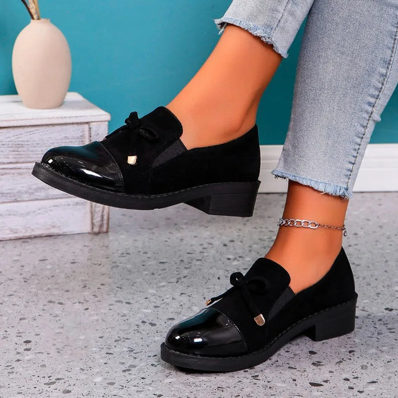 Black Leather Bow Autumn Sneakers Comfortable Casual Flat Loafers Main image