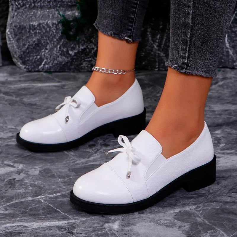 Black Leather Bow Autumn Sneakers Comfortable Casual Flat Loafers Secondary image