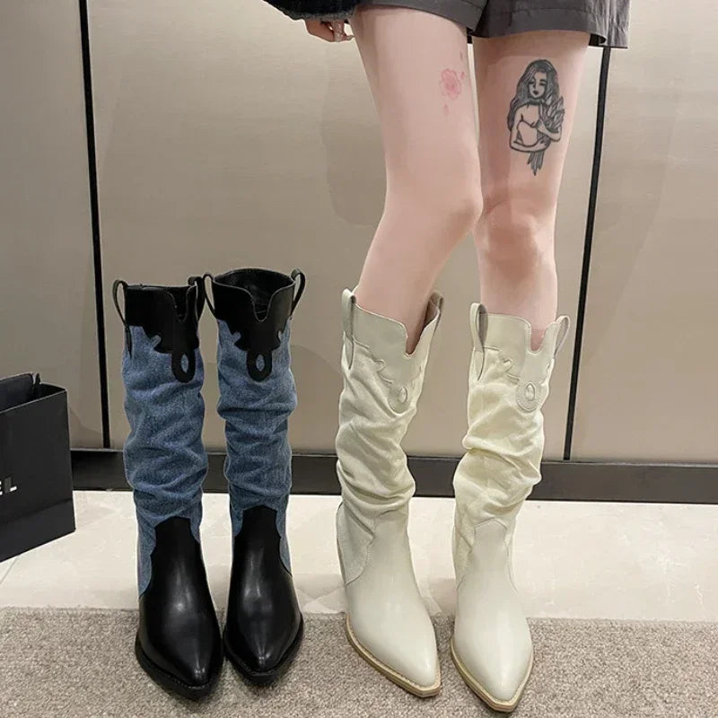 Women New Fashion Denim Vintage Pointed Pleated Platform Knee High Boots Main image