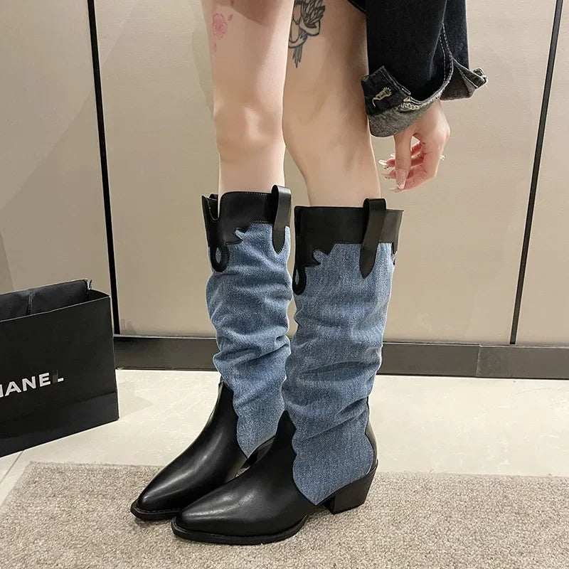 Women New Fashion Denim Vintage Pointed Pleated Platform Knee High Boots Secondary image