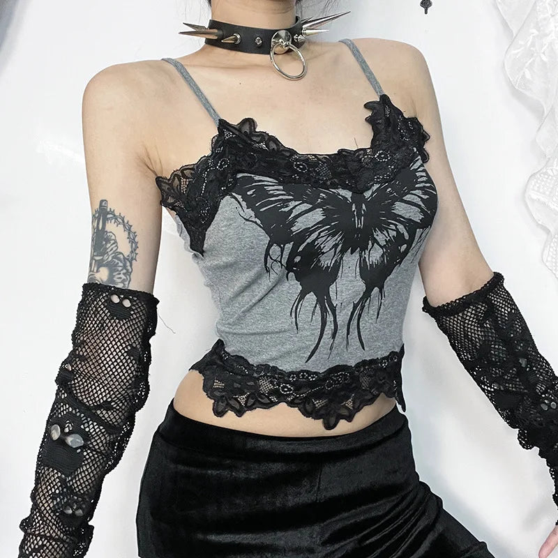 Women's Butterfly Skull Print Contrast Lace Strap Sleeveless Punk Gothic Crop Top Main image