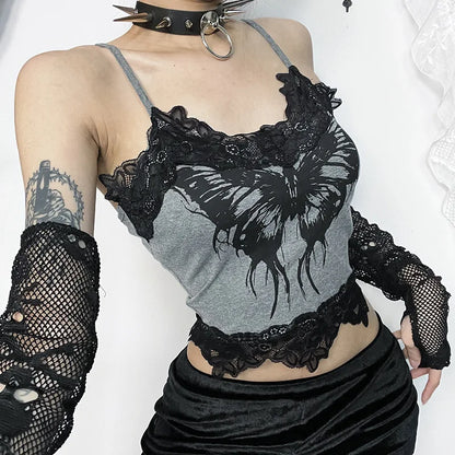 Women's Butterfly Skull Print Contrast Lace Strap Sleeveless Punk Gothic Crop Top