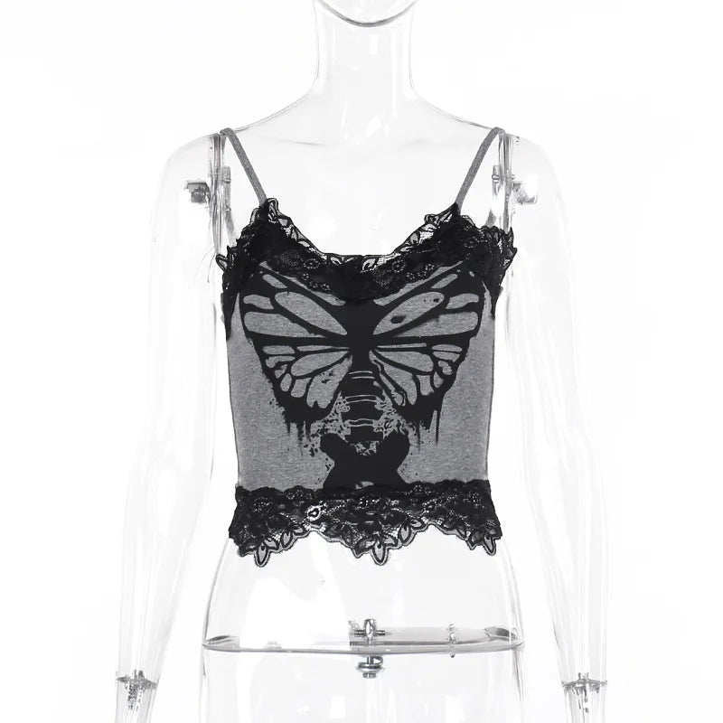 Women's Butterfly Skull Print Contrast Lace Strap Sleeveless Punk Gothic Crop Top