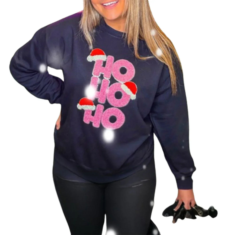 Loose Pullover Snowflake Letter Embroidery Crew Neck Long Sleeve Christmas Hoodie Dark Grey / S