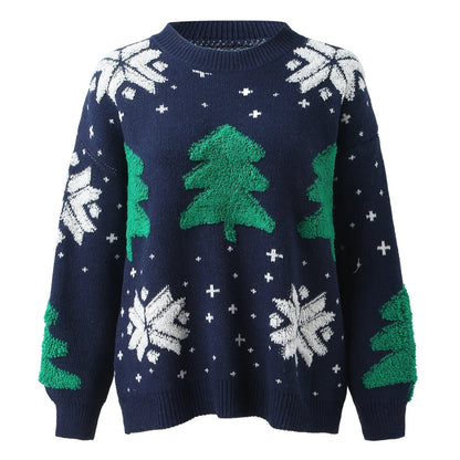 Christmas Tree Print Round Neck Long Sleeve Knitwear Casual Sweater