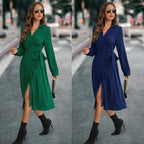 Cross V-neck Dark Green Korean Slim Midi Dresses