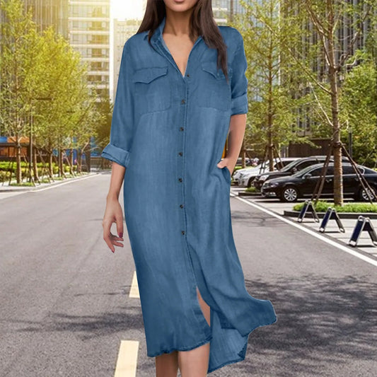 Solid Denim Buttoned Casual Autumn Maxi Single Breasted Spring Color Robe Dress