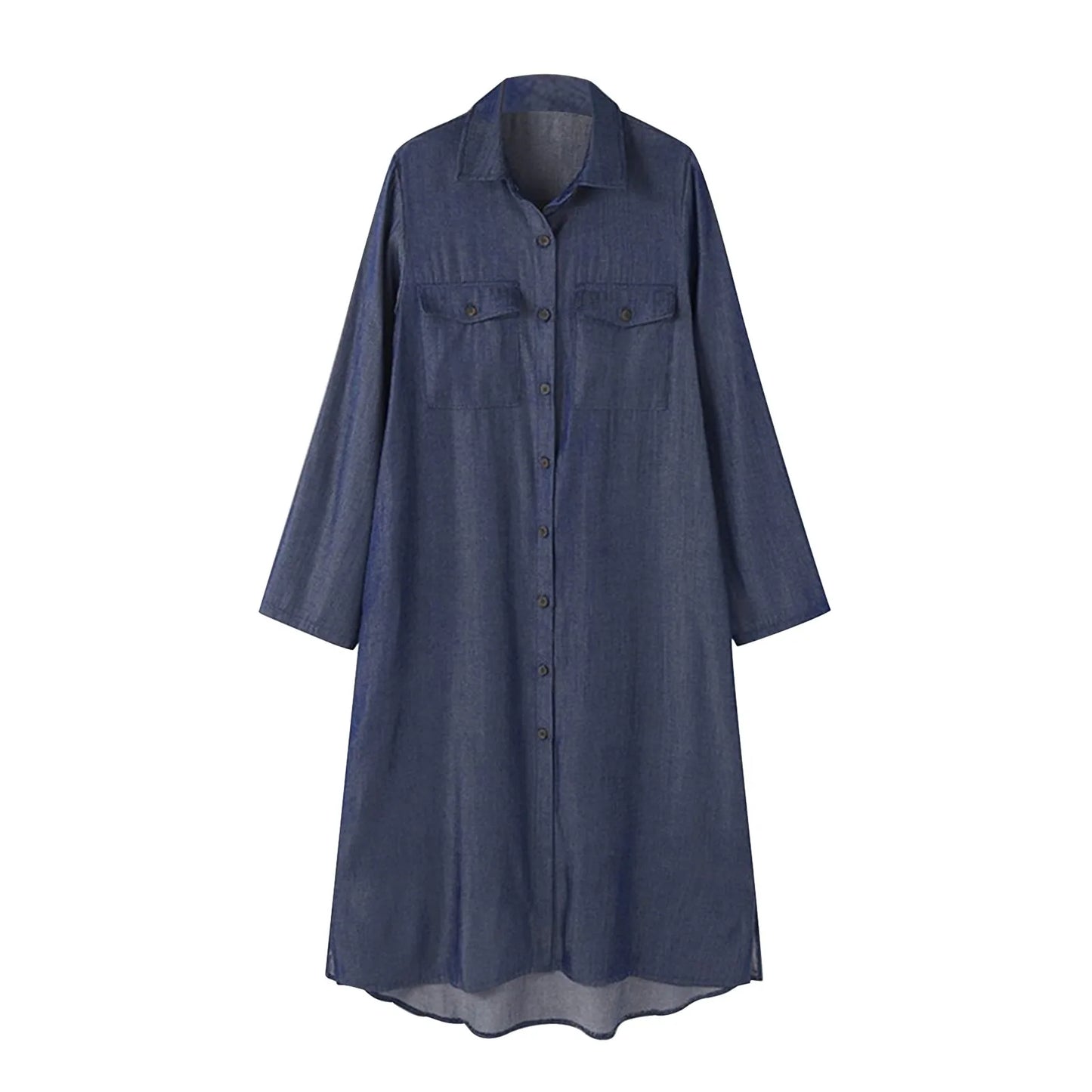 Solid Denim Buttoned Casual Autumn Maxi Single Breasted Spring Color Robe Dress