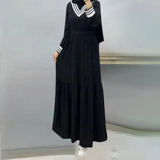 Women's Muslim Abaya Black Dubai Saudi Robe Solid Color Splicing Belt Fashion Loose Kaftan Dress