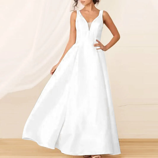 Elegant White Long Maxi Fashion Casual V Neck Sleeveless Slim Solid Color Party Wedding Dress