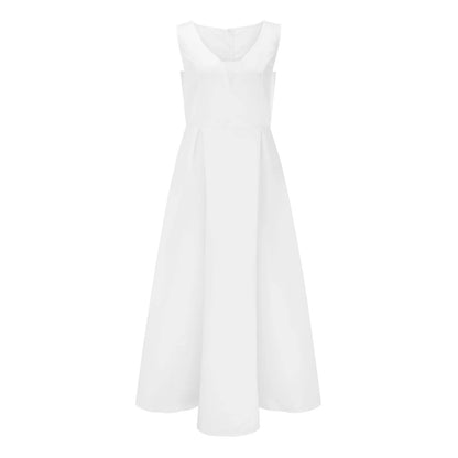 Elegant White Long Maxi Fashion Casual V Neck Sleeveless Slim Solid Color Party Wedding Dress