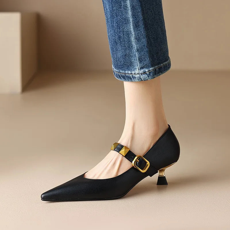 Fall New Pointed Shal Mouth Rivets Professional Temperament Women's Fashion Shoes Low Heel Pumps Main image