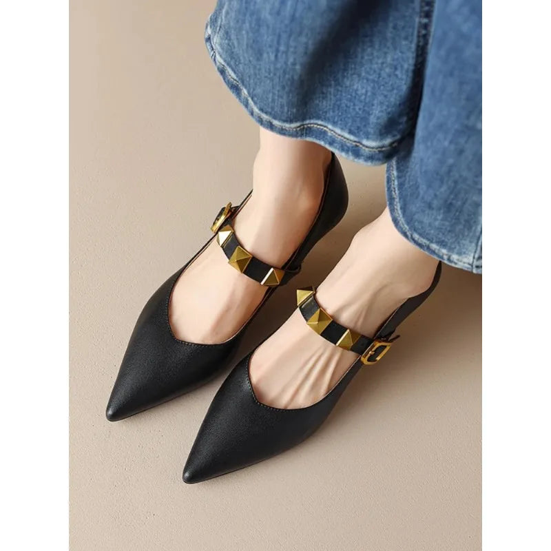 Fall New Pointed Shal Mouth Rivets Professional Temperament Women's Fashion Shoes Low Heel Pumps