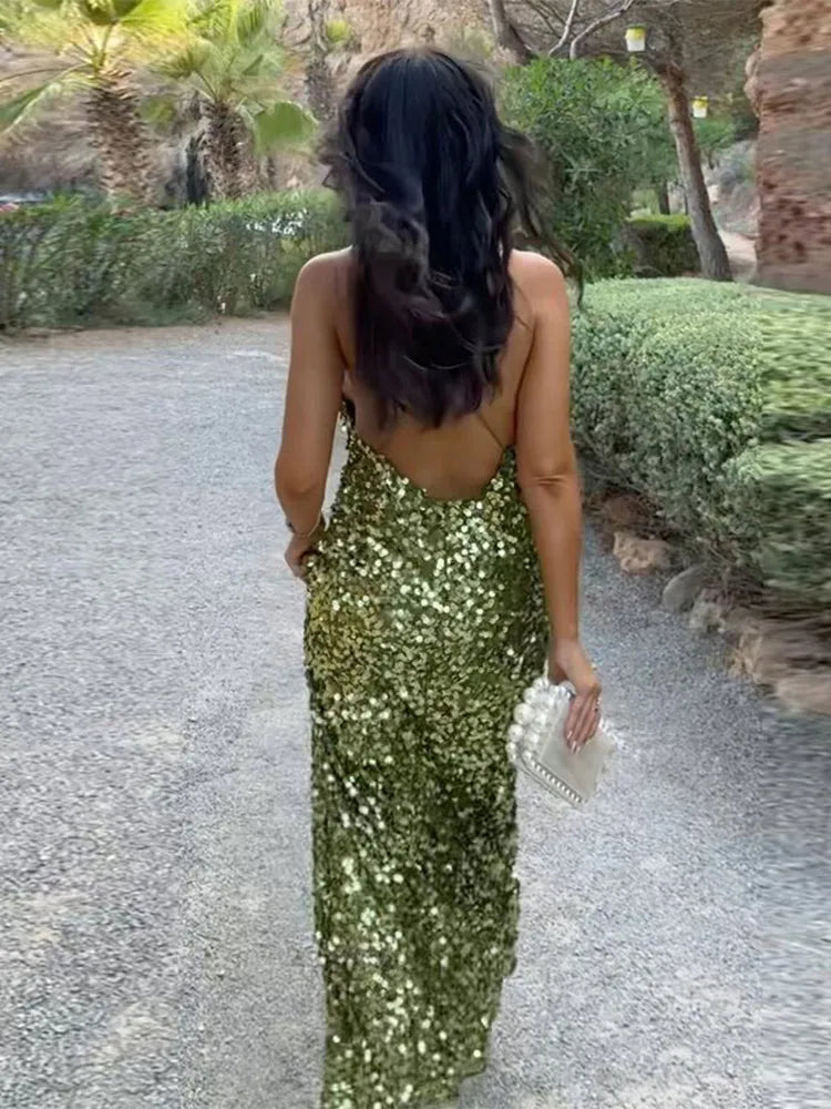 Green Sequin Backless Sling Dress - Sexy Off Shoulder Christmas Party Dress