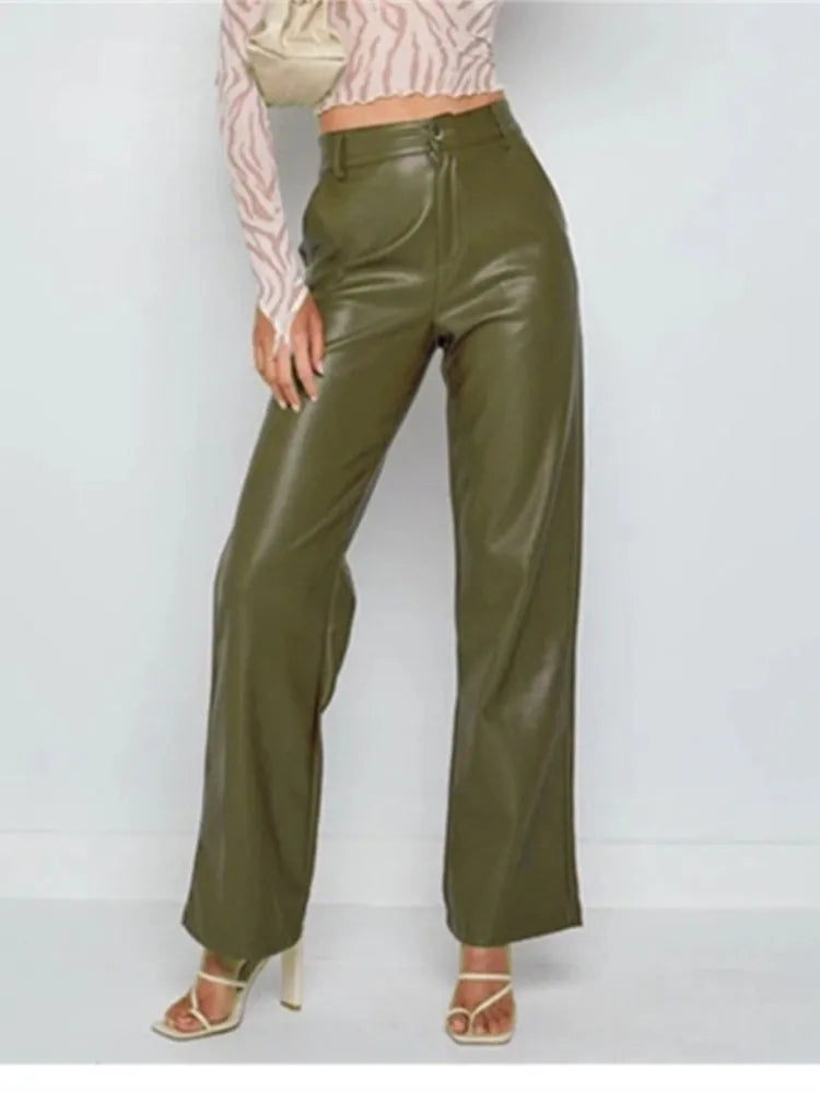 High Waist Wide Leg Straight Tube Autumn Winter Elastic PU Leather Pants