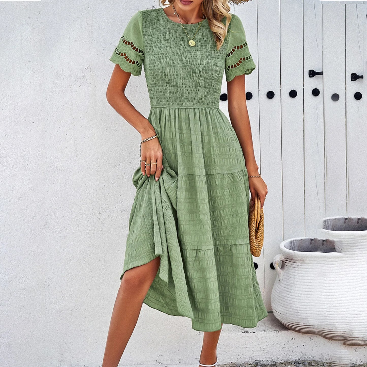 Solid Temperament Play Sheath Hollow Korean Midi Dresses