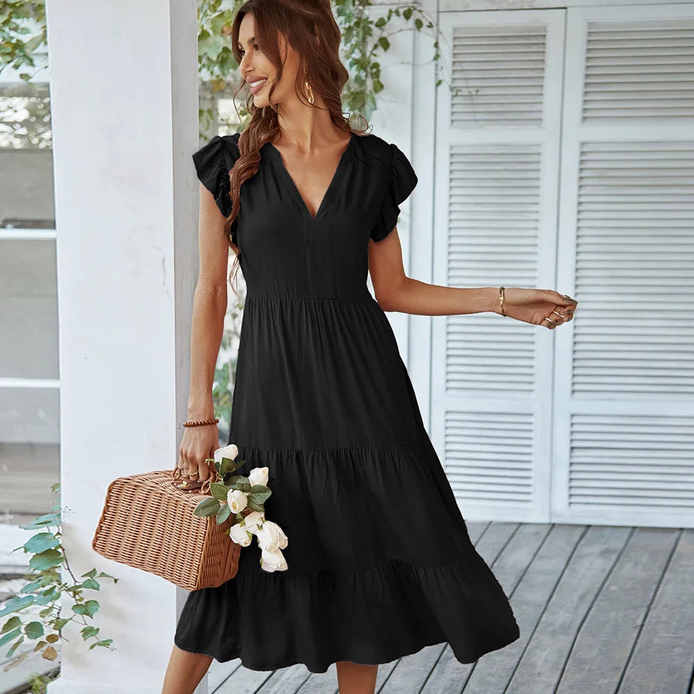 Loose V-neck Sexy Flying Solid Leisure A-line Long Midi Dresses